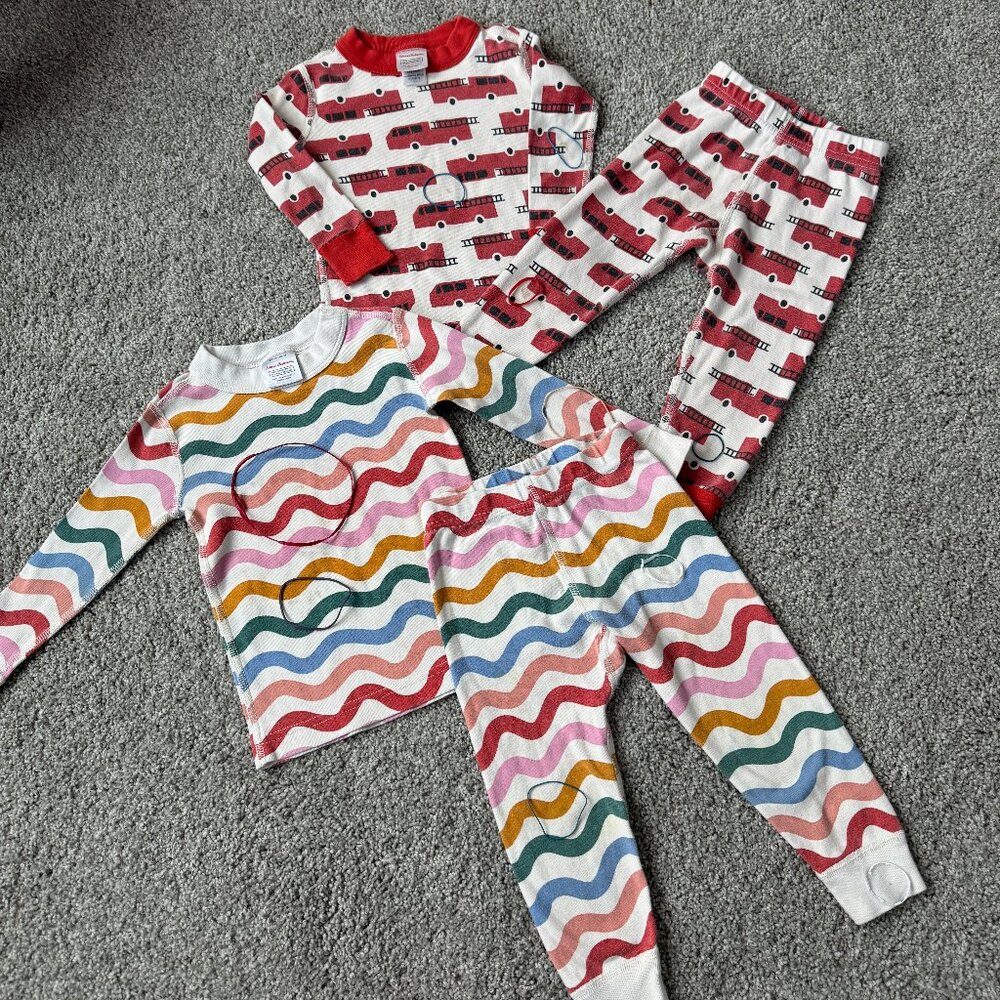 HANNA ANDERSSON pajamas sets, 2 pairs, long sleeves & legs, Sz 2T, w/ stains